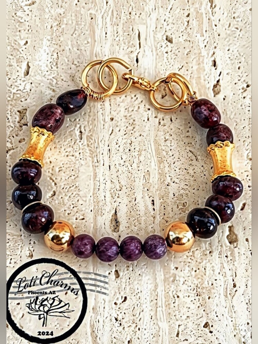 Natural Red Ruby Bead & Red Jade Bracelet In Gold Plated